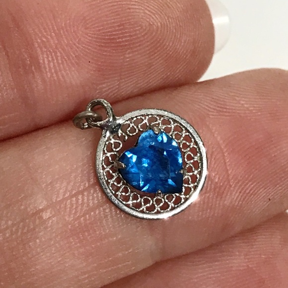 Artisan Signed R Sterling Silver Filigree Dainty Heart Paste Rhinestone Pendant - Picture 4 of 14